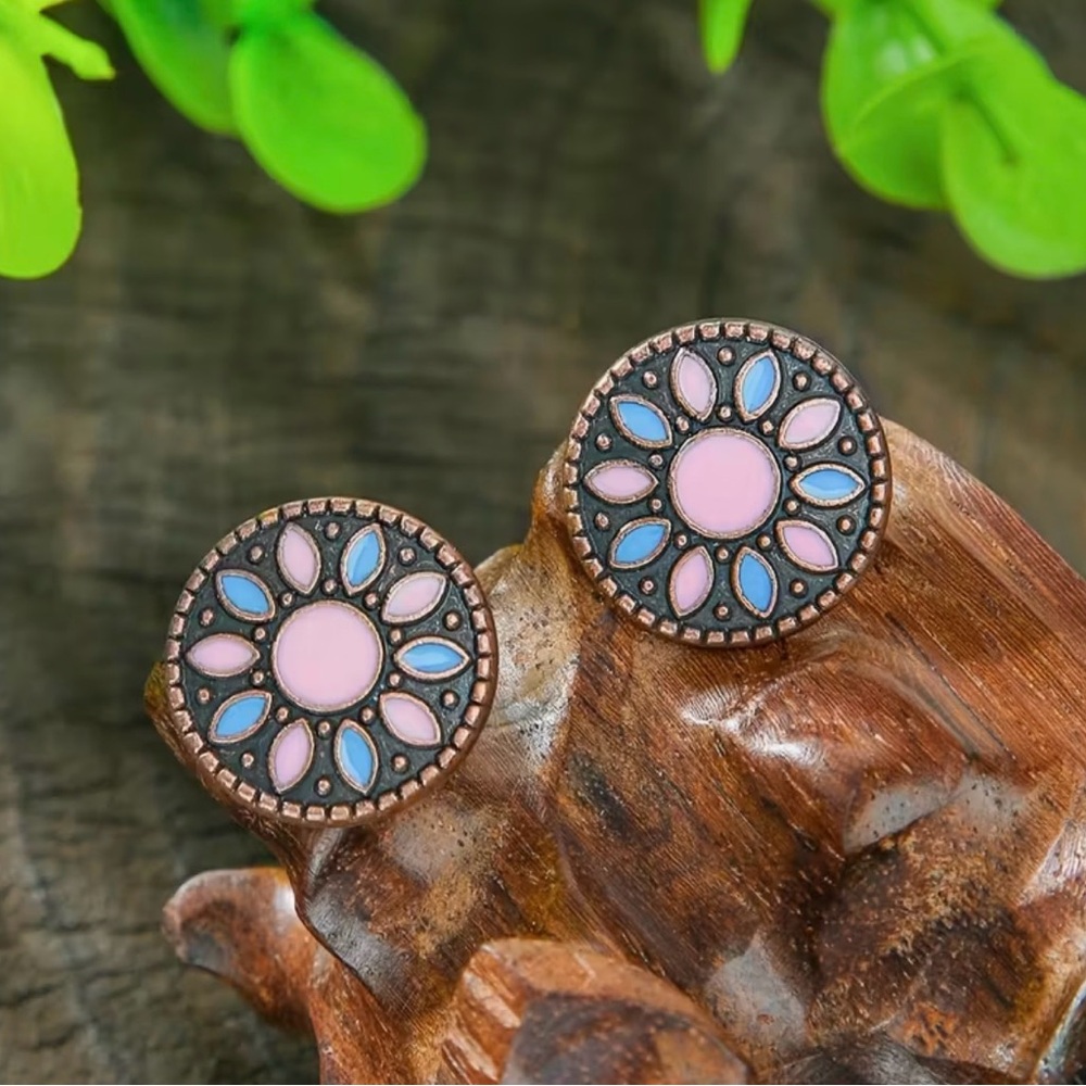 Vintage-Inspired Pink & Blue Floral Mandala Round Stud Earrings
